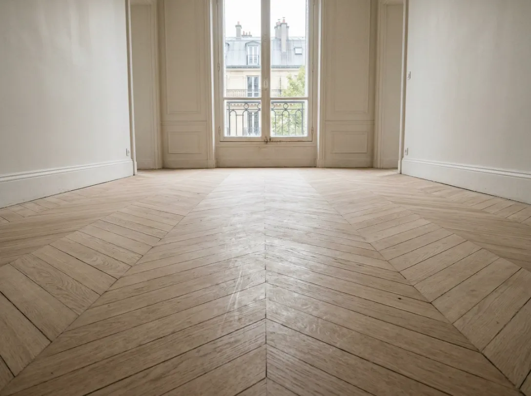 Parquet en chêne après ponçage avant finition dans un appartement à Paris