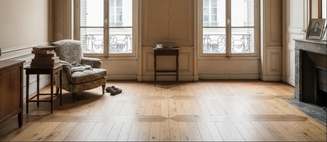 Salon haussmannien à Paris avec parquet ancien en bon état avant rénovation