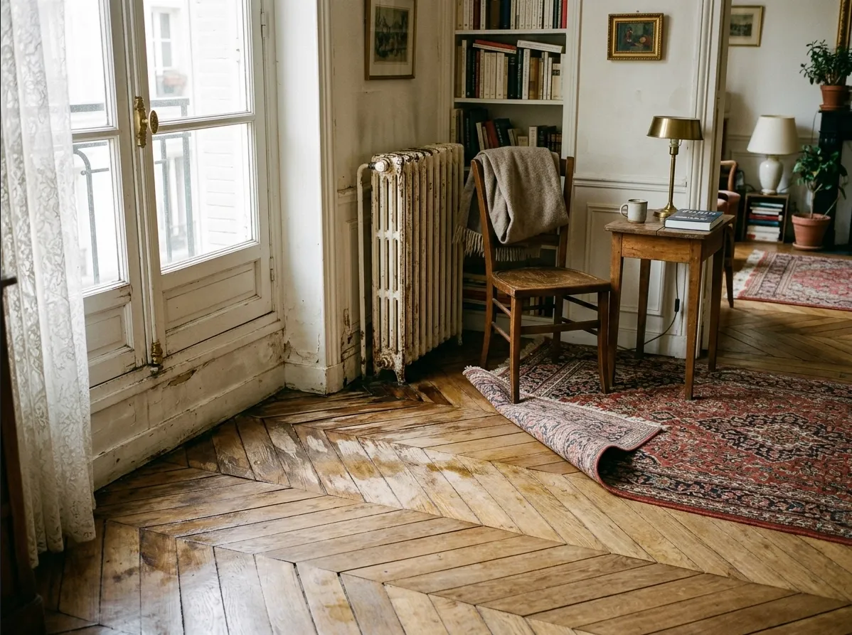 Parquet ancien gonflé après dégât des eaux dans un appartement à Paris