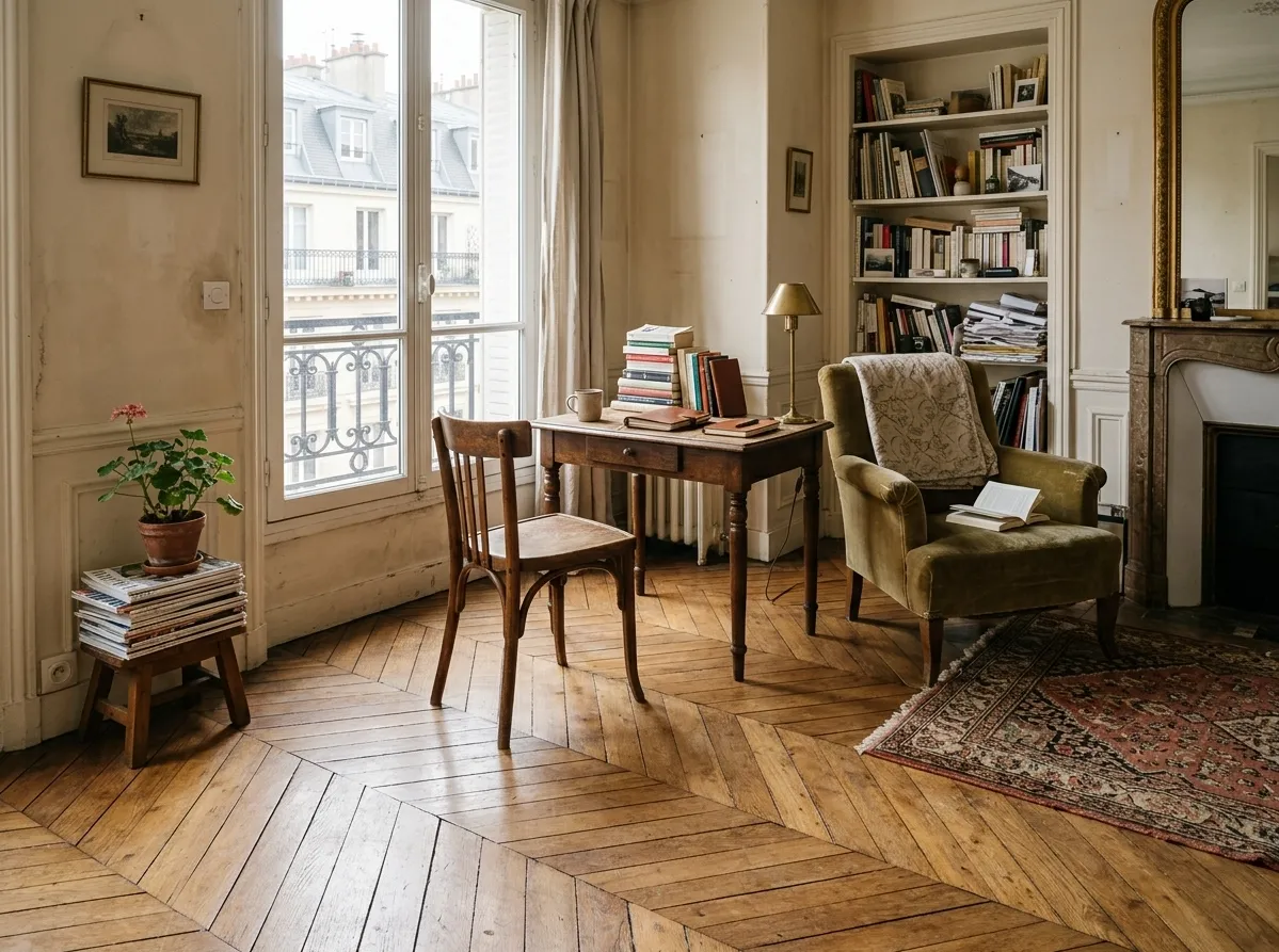 Parquet contrecollé en bois dans un appartement parisien avant rénovation