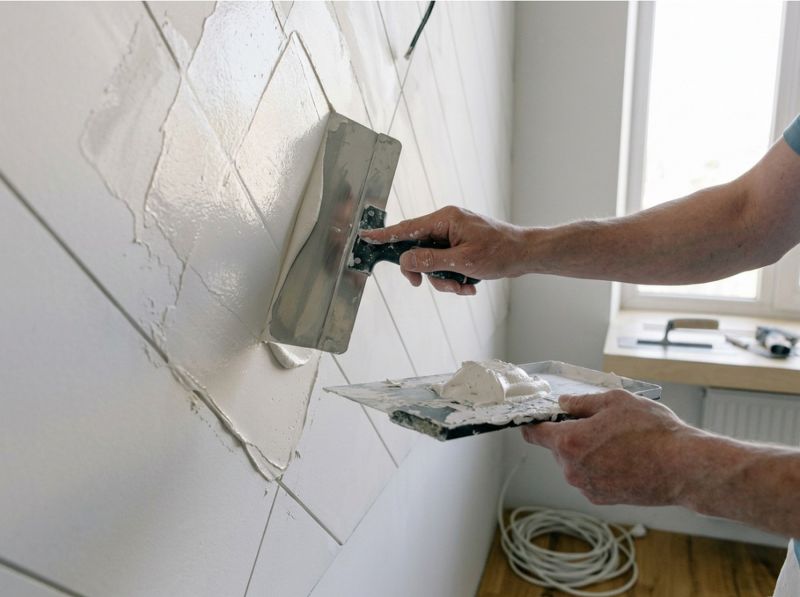 Application d'enduit à la spatule lors d'un chantier de rénovation intérieure à Paris