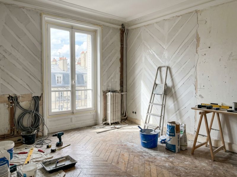 Appartement haussmannien en cours de rénovation — parquet, plâtrerie et mise aux normes électriques