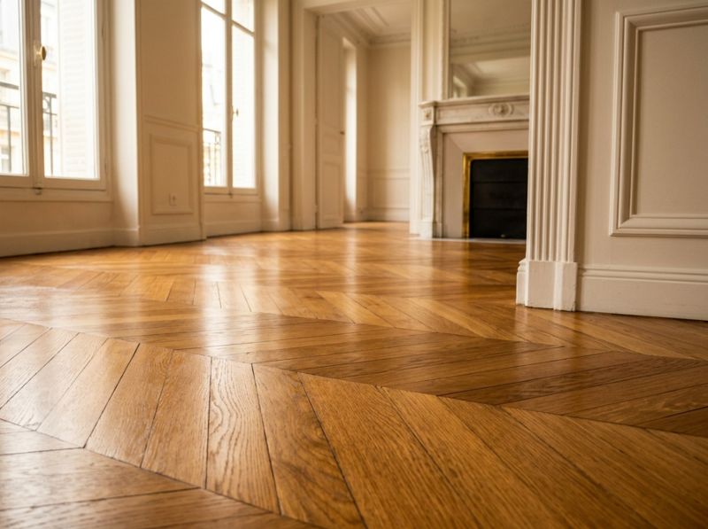 Un parquet Point de Hongrie restauré par Belmard Bâtiment dans le 16ᵉ arrondissement résultat après ponçage et vitrification satinée, avec une durabilité garantie de 10 à 15 ans.