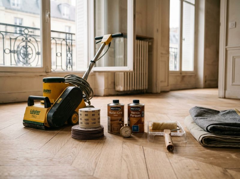 Le matériel professionnel utilisé par Belmard Bâtiment pour chaque chantier parquet : ponceuse à captation de poussière, abrasifs sélectionnés, produits de finition certifiés