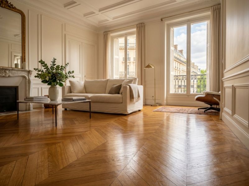 Le résultat final d'une rénovation de parquet par Belmard Bâtiment dans un appartement haussmannien : un sol en chêne massif retrouvant tout son éclat, pour une durabilité de 10 à 15 ans