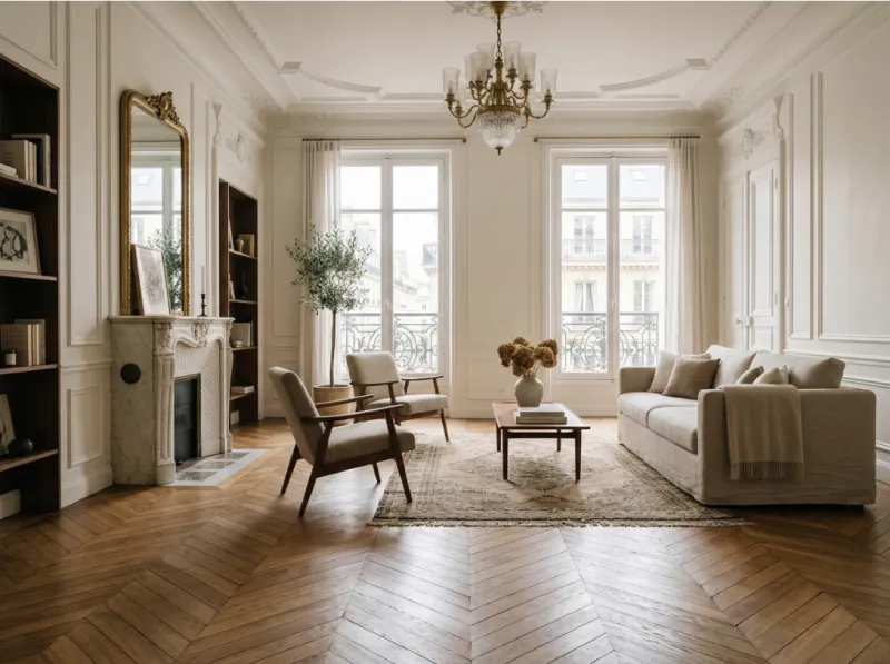 Salon haussmannien avec parquet ancien rénové après ponçage à Paris