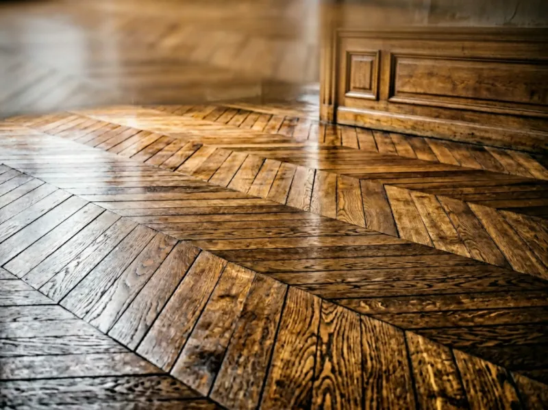 Détail de parquet Point de Hongrie restauré dans un appartement parisien