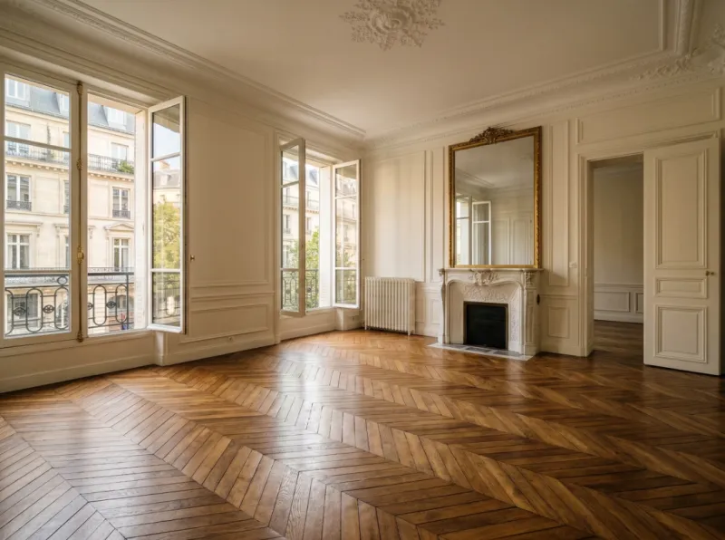 Pièce vide à Paris mettant en valeur un parquet ancien rénové