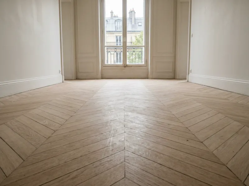 Parquet en chêne après ponçage avant finition dans un appartement à Paris