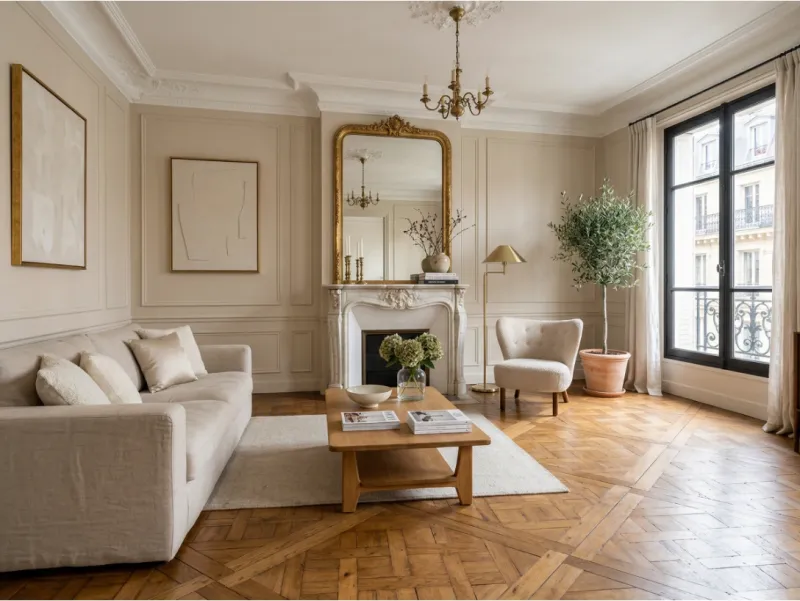Intérieur haut de gamme avec parquet ancien restauré dans un immeuble parisien