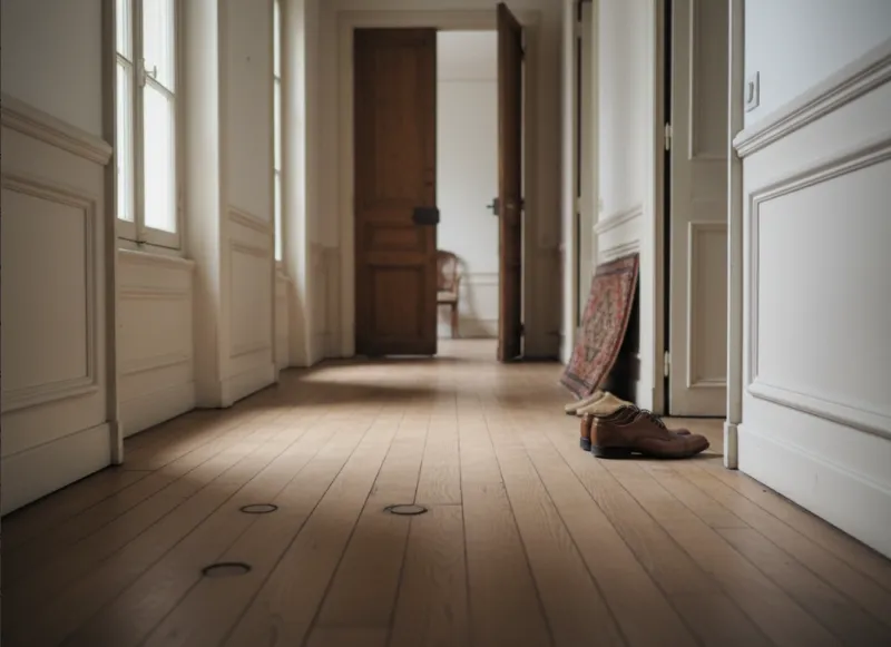 Couloir parisien avec parquet à lames droites présentant des parties abimees
