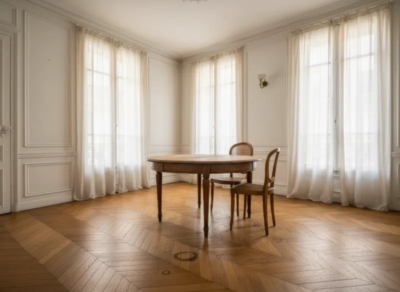 Parquet noirci par des taches dans une salle à manger ancienne avant traitement