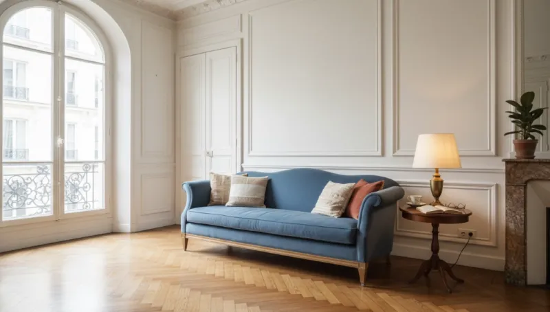 Salon parisien avec parquet vitrifié satiné dans un appartement haussmannien