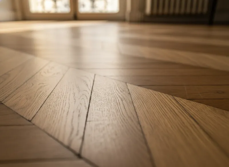 Détail rapproché d'un parquet vitrifié mat dans un appartement à Paris