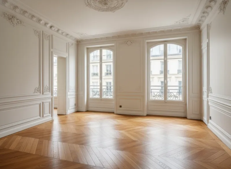 Pièce rénovée à Paris avec parquet vitrifié prêt à être remis en service