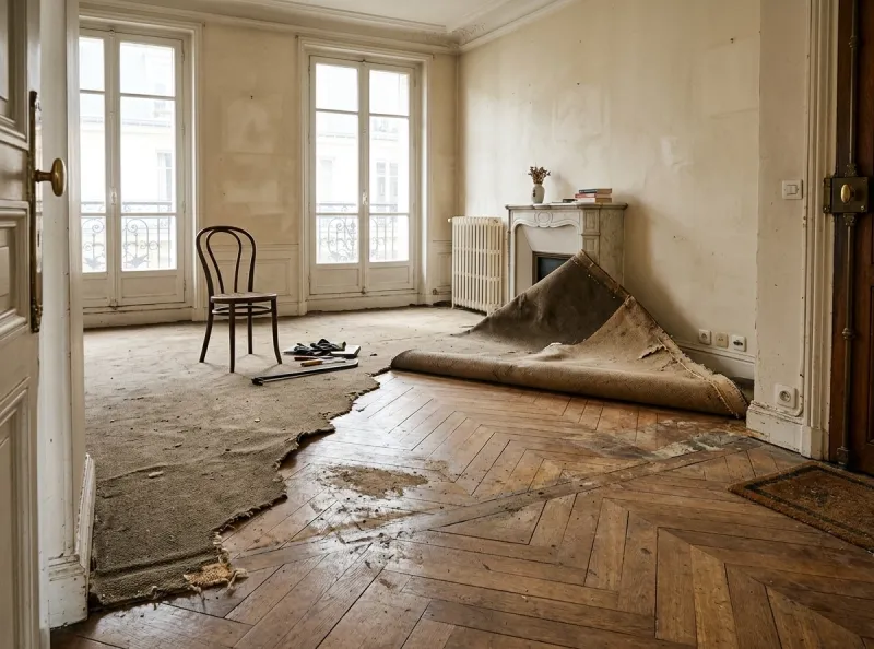 Parquet ancien découvert sous une moquette dans un appartement à Paris