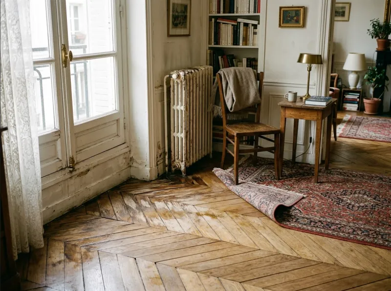 Parquet ancien gonflé après dégât des eaux dans un appartement à Paris