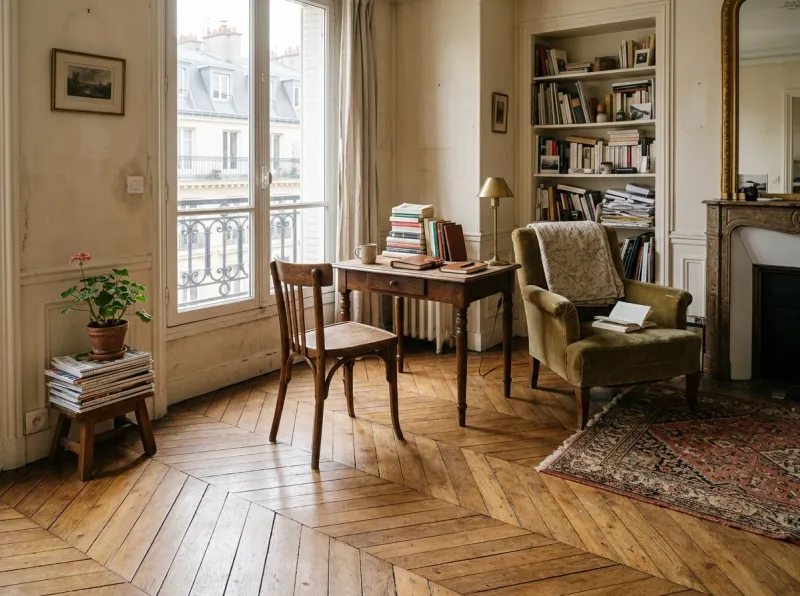 Parquet contrecollé en bois dans un appartement parisien avant rénovation