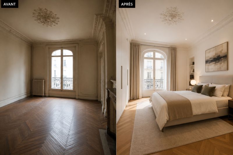 Avant/Après relooking d'une chambre dans un appartement haussmannien Paris 7